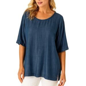 Tommy Bahama Blue Chambray Denim Scoop Neck Short Sleeve Blouse Oversized